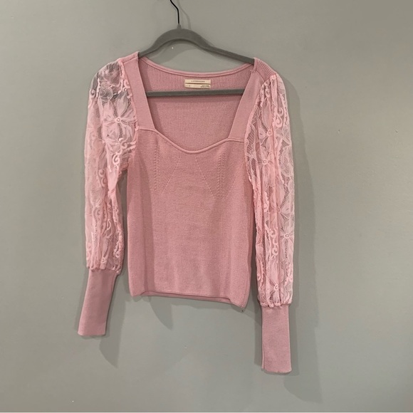 Anthropologie Sweater Lace Sleeve Ribbed Sweetheart Neck in Ballet Pink - Picture 6 of 10